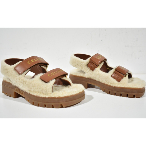 Celine Leo Scratch Sandal Shearling Fur Tan Leather Logo Strap Platform Flat 37 - Picture 4 of 12